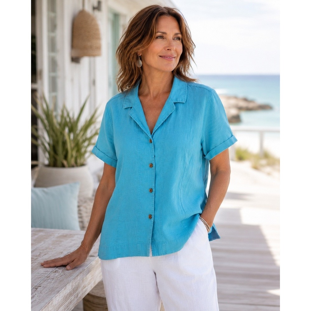 Chicos Womens 3 Blue Linen Button Up Camp Shirt XL Short Sleeve Coastal Vacation